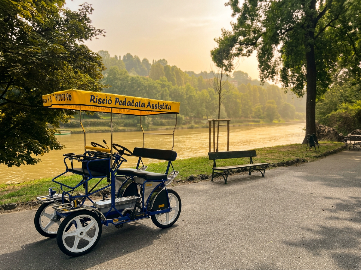 Risciò Tourin Sciò blu con tettuccio giallo lungo il fiume Po, Parco del Valentino, Torino